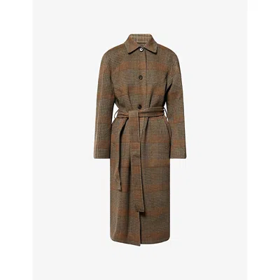 THEORY WOMENS BELTED CHECK-PRINT WOOL AND CASHMERE COAT BRASS MULTI XS