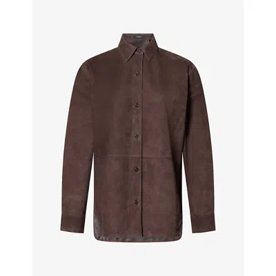 Theory Womens Button-up Suede Leather Shirt Cacao In Brown