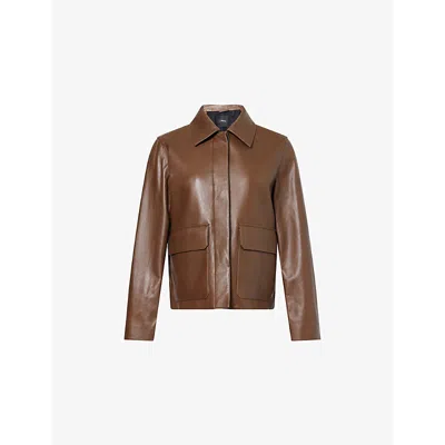 Theory Womens Boxy Two-flap-pockets Relaxed-fit Leather Jacket Clove