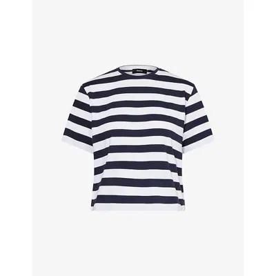 Theory Womens Striped Boxy-fit Pima-cotton T-shirt Navy Multi