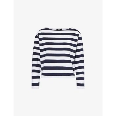 Theory Womens Striped Long-sleeve Boat-neck Cotton T-shirt Navy Multi