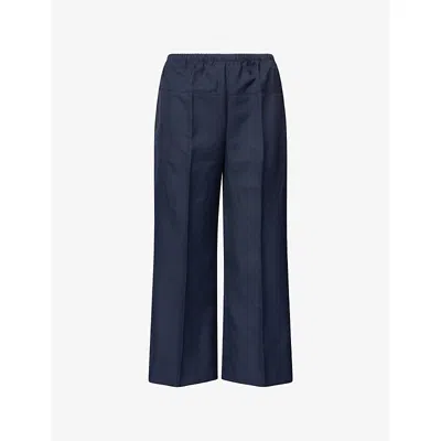 Theory Womens Nocturne Navy Wide Cropped-leg Twill Trousers In Blue