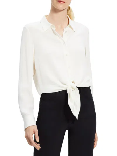 Theory Womens Silk Tie Front Button-down Top In White