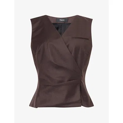 Theory Womens Tailored Wrap Pleat Wool Vest Cacao In Brown