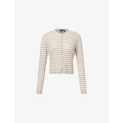 Theory Womens Bone Pink Multi Crop Rib-knit Linen-blend Cardigan In White