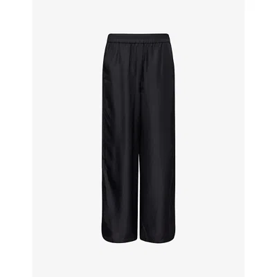 Theory Womens Black Elasticated-waist Wide-leg Silk Trousers