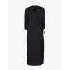 Theory Womens Black Lapel Wrap-front Silk-satin Midi Dress In Black