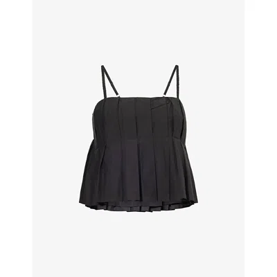 Theory Womens Black Pleated Crop Cotton-blend Top