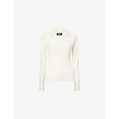 Theory Womens  Polo-collar Ribbed Wool Jumper In White