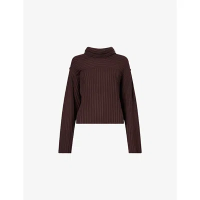 Theory Womens Deep Plum Ribbed Crop Turtleneck Merino Wool Jumper In Purple