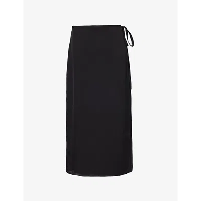THEORY WOMENS BLACK TIE WRAP SILK-SATIN MIDI SKIRT
