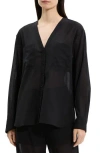 Theory Wool Blend V-neck Button-up Shirt In Black