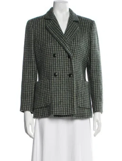 Pre-owned Theory Wool Houndstooth Print Blazer In Green