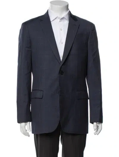 Pre-owned Theory Wool Plaid Print Blazer In Blue