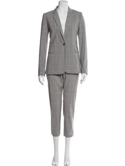 Pre-owned Theory Wool Plaid Print Pantsuit In Gray