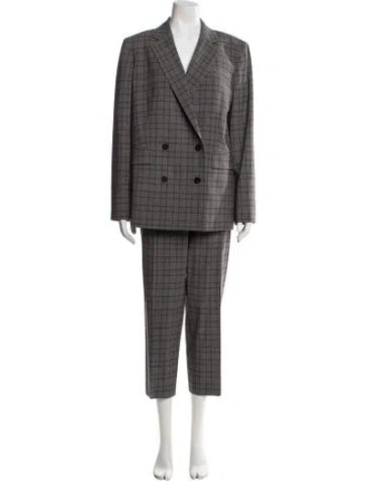 Pre-owned Theory Wool Plaid Print Pantsuit In Gray