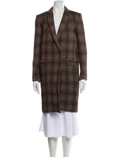 Pre-owned Theory Wool Plaid Print Peacoat In Brown
