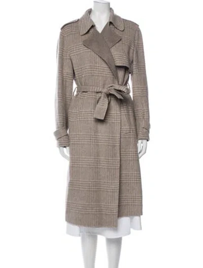 Pre-owned Theory Wool Plaid Print Trench Coat In Neutral