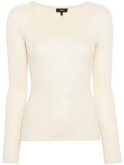 Theory Fine-ribbed V-neck Jumper In Neutrals