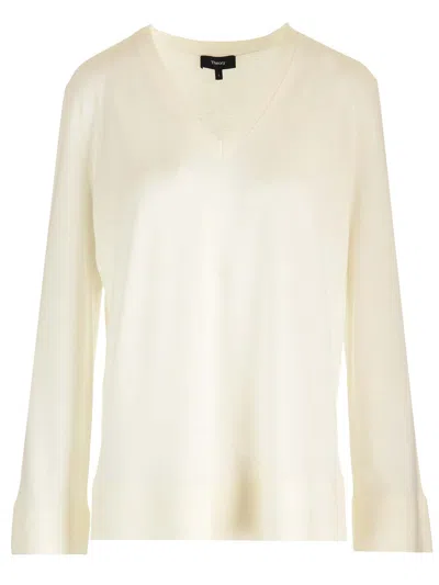 Theory Wool Sweater With V-neck In New Ivory