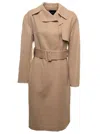 THEORY BEIGE DOUBLE-BREASTED TRENCH COAT IN WOOL AND CASHMERE WOMAN