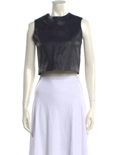 Pre-owned Theperfext Leather Crew Neck Crop Top In Blue