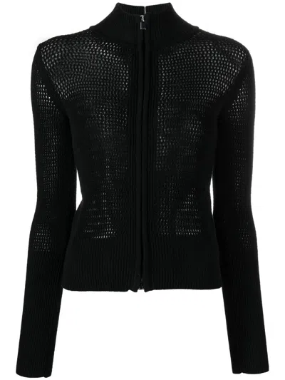 There Was One Open-knit Zip-up Cardigan In Black