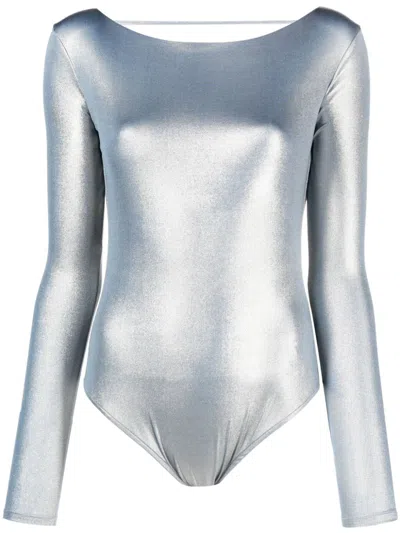 There Was One Shiny-effect Open-back Bodysuit In Silver