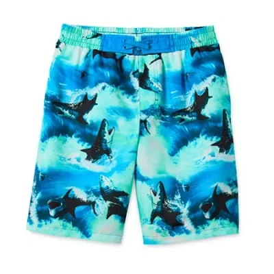 Thereabouts At The Knee Boxer Brief Lined Little & Big Kid Boys Drawstring Waist Animal Board Shorts In Blue