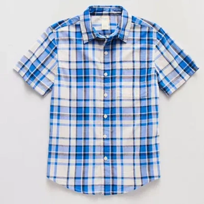 Thereabouts Little & Big Kid Boys Easy-on + Easy-off Sensory Friendly Short Sleeve Regular Fit Button-down Shirt In Blue