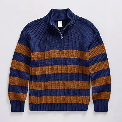 Thereabouts Little & Big Kid Boys Mock Neck Long Sleeve Striped Quarter-zip Pullover Sweater In Blue