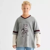 Thereabouts Little & Big Kid Boys V Neck Long Sleeve Regular Fit Graphic T-shirt In Gray