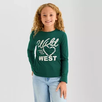 Thereabouts Little & Big Kid Girls Crew Neck Long Sleeve Regular Fit Graphic T-shirt In Green