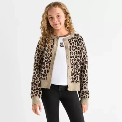 Thereabouts Little & Big Kid Girls Round Neck Long Sleeve Button Striped Cardigan In Brown