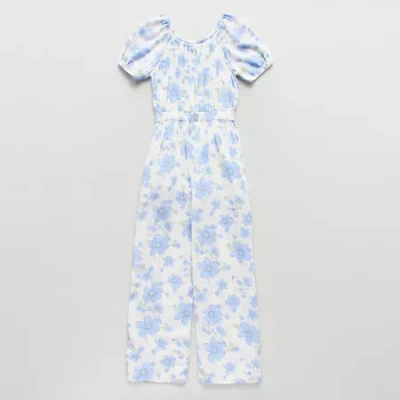 Thereabouts Little & Big Kid Girls Round Neck Short Sleeve Jumpsuit In Blue