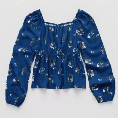 Thereabouts Little & Big Kid Girls Square Neck Long Sleeve Blouse In Blue