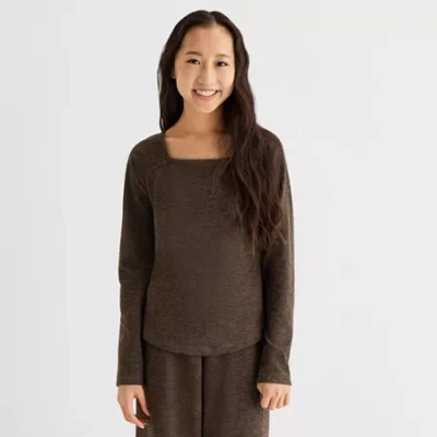Thereabouts Little & Big Kid Girls Square Neck Long Sleeve T-shirt In Brown