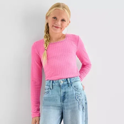 Thereabouts Little & Big Kid Girls Square Neck Long Sleeve T-shirt In Pink