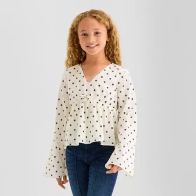 Thereabouts Little & Big Kid Girls V Neck Long Sleeve Blouse In White