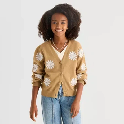 Thereabouts Little & Big Kid Girls V Neck Long Sleeve Button Cardigan In Brown