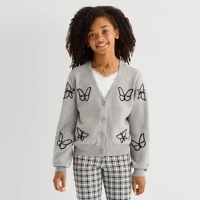 Thereabouts Little & Big Kid Girls V Neck Long Sleeve Button Floral Cardigan In Gray