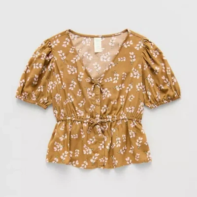 Thereabouts Little & Big Kid Girls V Neck Short Sleeve Blouse In Brown