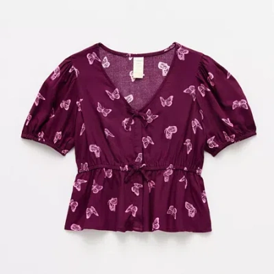 Thereabouts Little & Big Kid Girls V Neck Short Sleeve Blouse In Burgundy