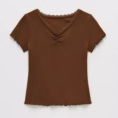 Thereabouts Little & Big Kid Girls V Neck Short Sleeve Lace Trim T-shirt In Brown