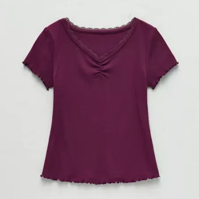 Thereabouts Little & Big Kid Girls V Neck Short Sleeve Lace Trim T-shirt In Burgundy
