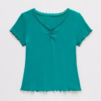 Thereabouts Little & Big Kid Girls V Neck Short Sleeve Lace Trim T-shirt In Green
