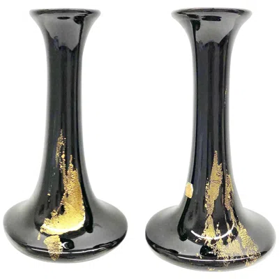 Pre-owned Theresienthal Black And Gold Flake Pair Of Art Glass Vases, 1970s, Midcentury