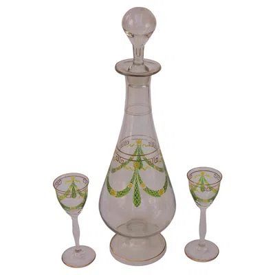 Pre-owned Theresienthal Enamel Decanter And Two Liqueur Glasses C1907 In Gray