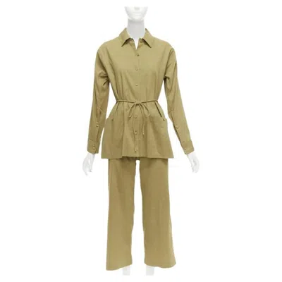 Pre-owned Theyskens' Theory Theory Olive Green Linen Blend Tie Belt Relaxed Jacket Wide Leg Pants Set Us0 Xs