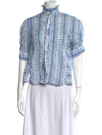 Pre-owned Thierry Colson Floral Print Mock Neck Blouse In White
